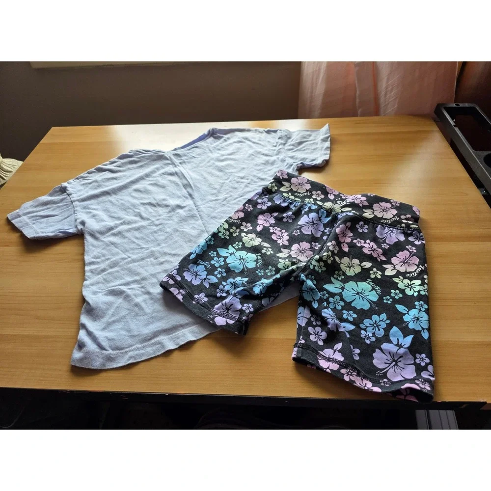 Justice Girls 2 Piece Set Purple Glitter Logo T-Shirt Rainbow Floral Bike Shorts